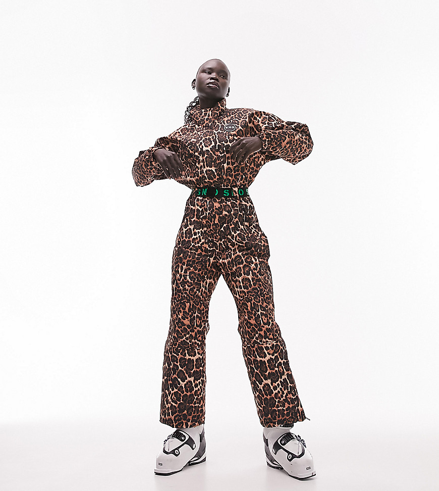 Topshop Petite Sno ski suit with funnel neck & belt in leopard-Multi
