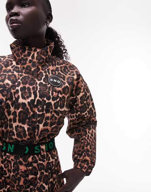 Topshop Petite Sno ski suit with funnel neck & belt in leopard