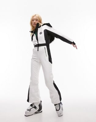 Topshop Petite Sno Ski Suit With Fur Hood & Belt In White