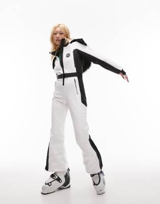 Topshop Sno ski suit with faux fur hood & belt in white