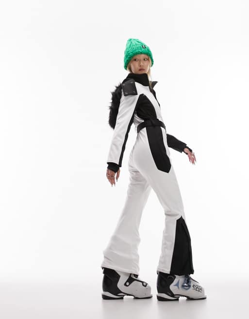 Topshop Sno ski suit with faux fur hood & belt in blue - ShopStyle