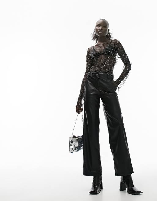 Topshop Petite - Sorte bukser med vide ben i imiteret læder