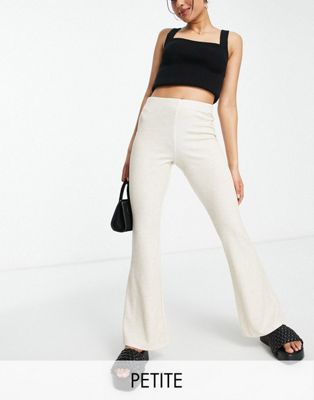Topshop Petite speckled rib flare trousers in stone