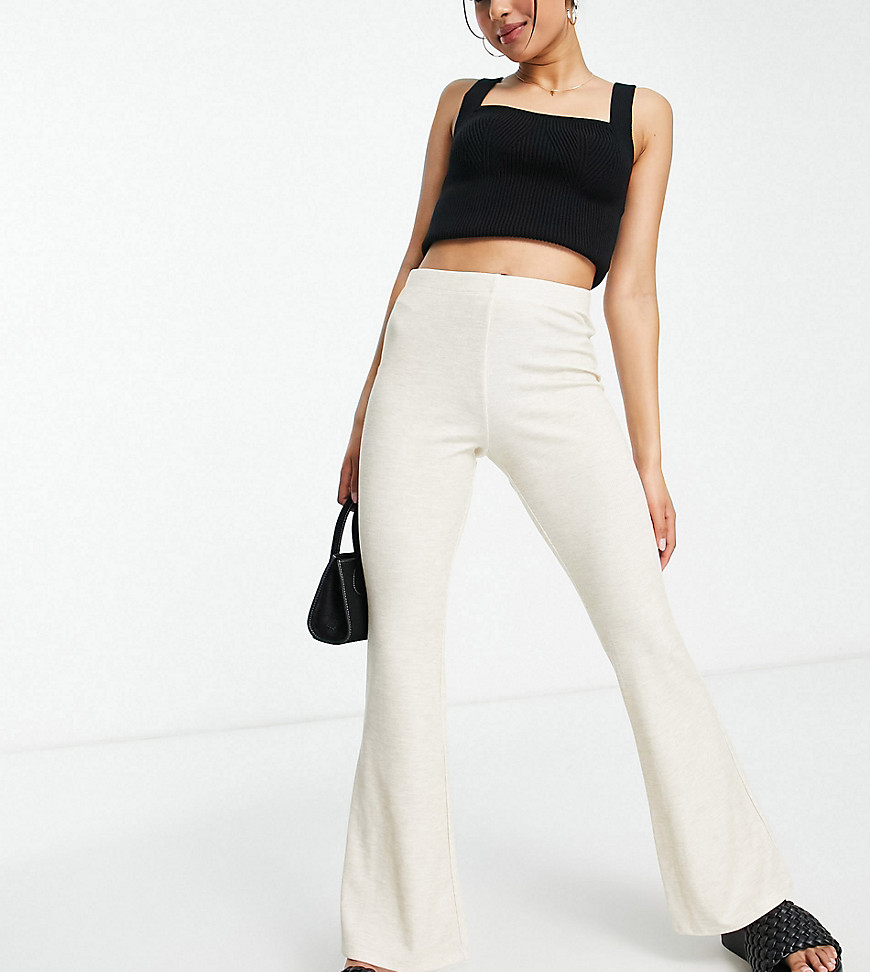 Topshop Petite speckled rib flare trousers in stone-Neutral