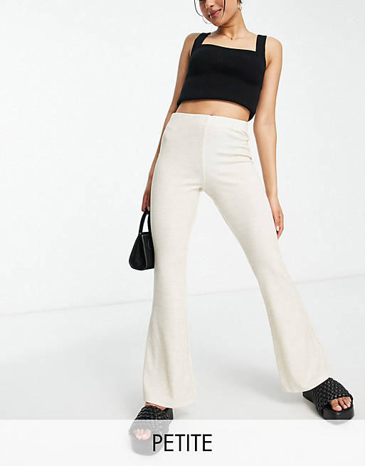 Topshop Petite speckled rib flare trousers in stone | ASOS