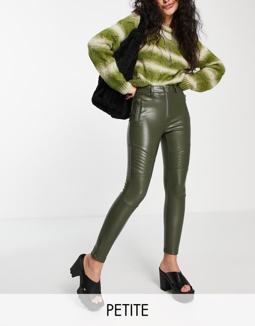 Topshop Petite – Spodnie w stylu motocyklowym z imitacji skóry w kolorze khaki