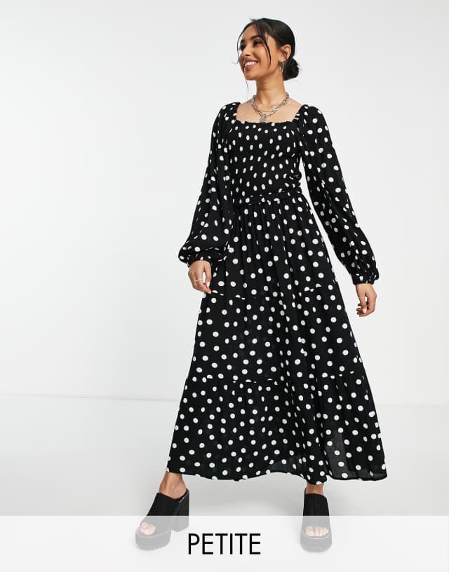 Topshop Petite spot shirred bust volume sleeve midi dress in mono