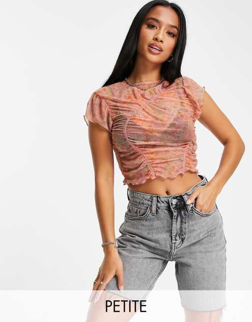 Topshop Petite spray lace mesh shirred top in pink | ASOS