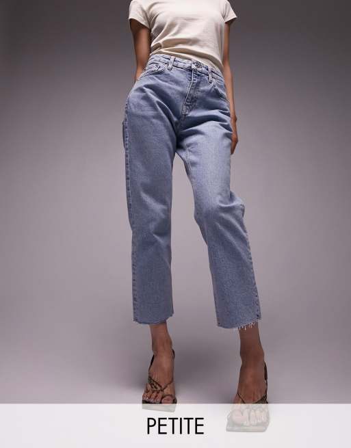 Petite Grey Fray Waist Low Rise Straight Leg Jeans