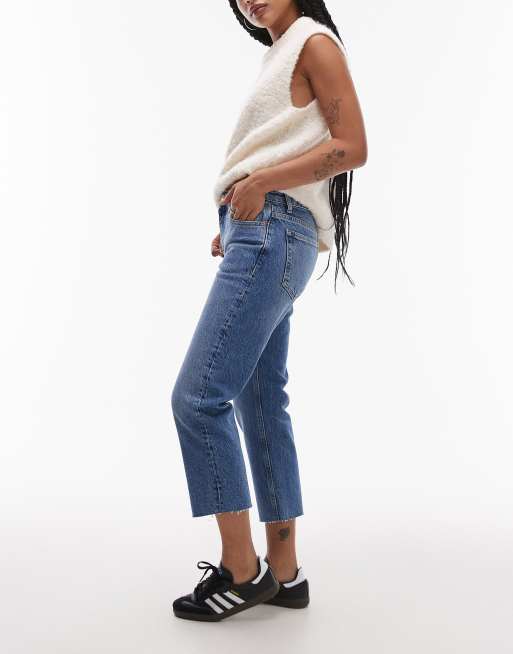 Topshop Petite Straight jeans in mid blue