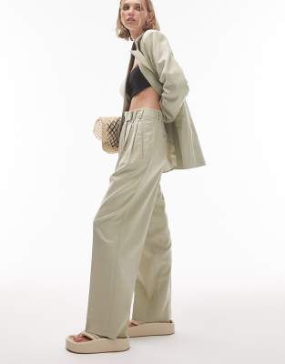 Topshop Petite straight tailored pants in sage - part of a set-Green