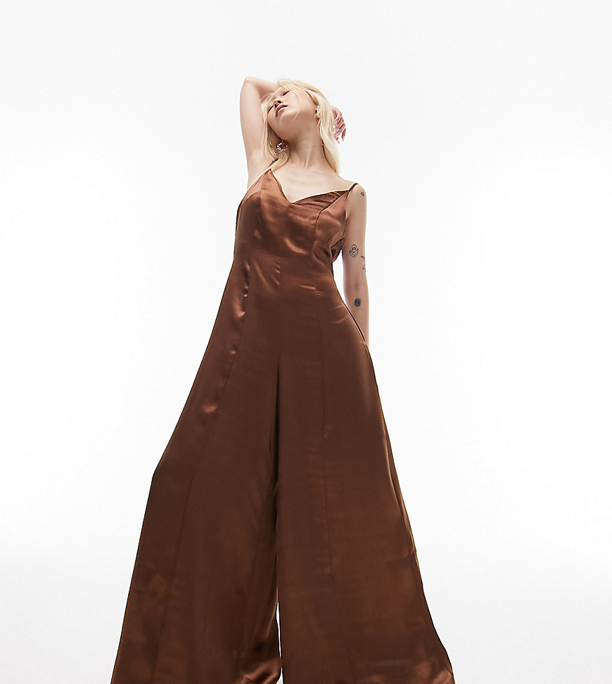 Topshop Petite strappy satin wide leg jumpsuit in chocolate-Brown