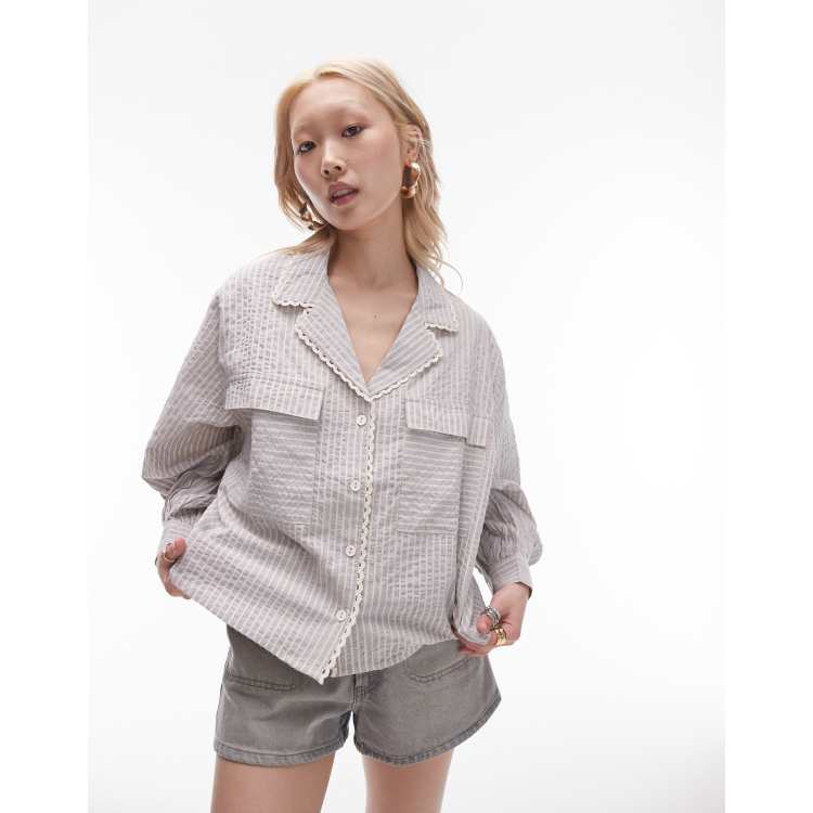 トップス WIRED Topshop petite stripe casual seersucker shirt in blue | ASOS
