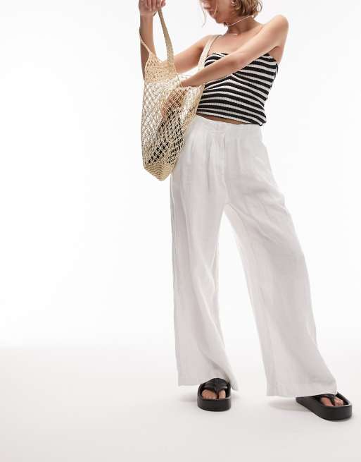 Topshop Petite super wide leg pleated linen pants in white 