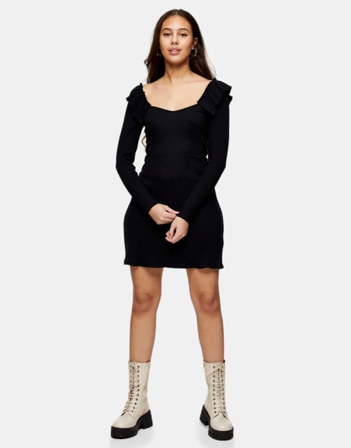 Topshop Petite – Svart klänning i minilängd med volanger