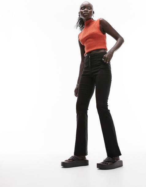 Topshop Petite – Svarta utsvängda byxor i bengalin med hög midja - view 1