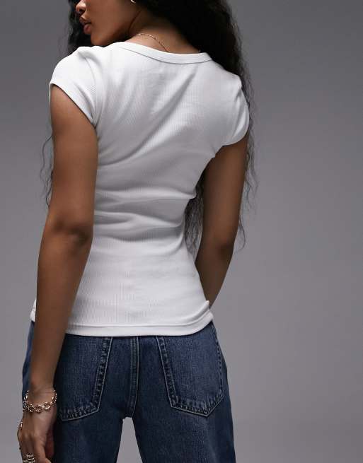 Topshop Petite - T-shirt bianca a coste con maniche ad aletta e scollo rotondo, 2 di 4