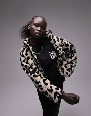 Topshop Petite - Teddyfell-Jacke mit Leopardenmuster und Reißverschluss-Bunt