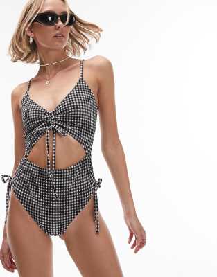 Topshop Petite textured gingham cut out ruched swimsuit in monochrome