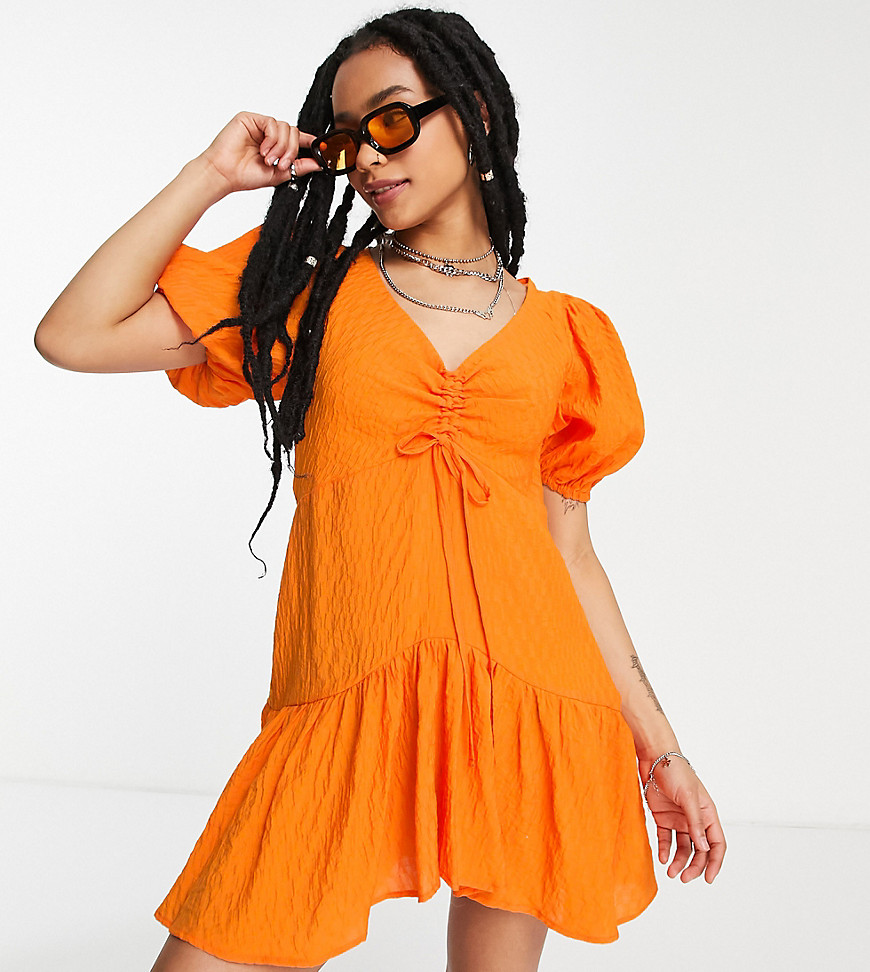 textured ruched front mini tea dress in orange