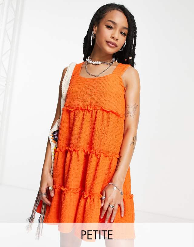 Topshop Petite textured tiered baby doll dress in orange