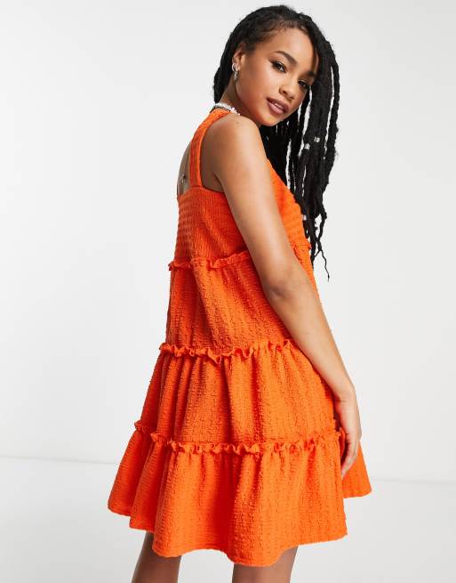 Topshop Petite textured tiered baby doll dress in orange