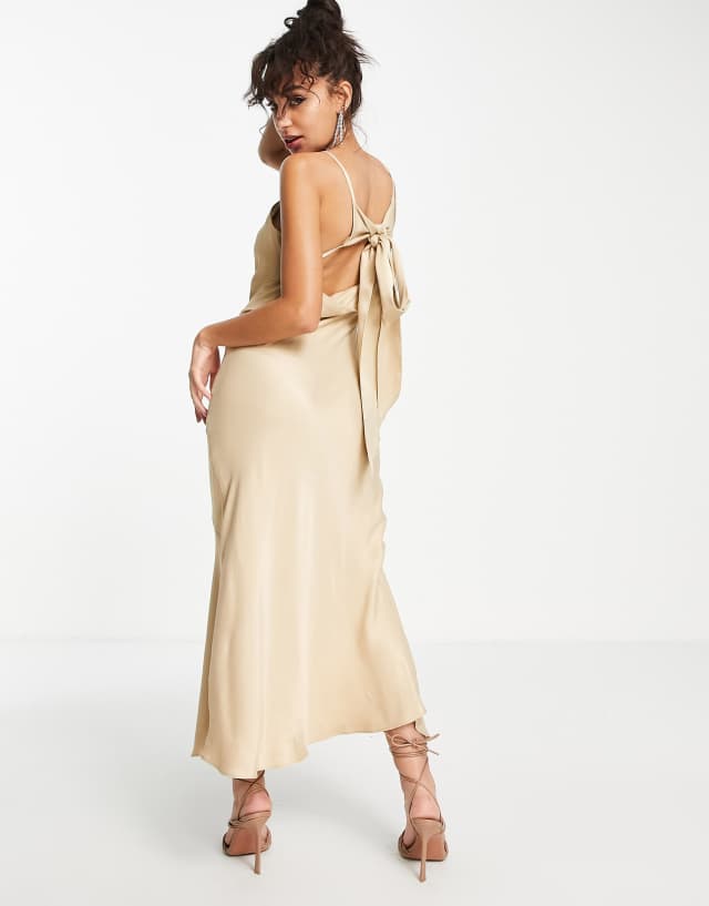 Topshop Petite tie back satin slip dress in gold