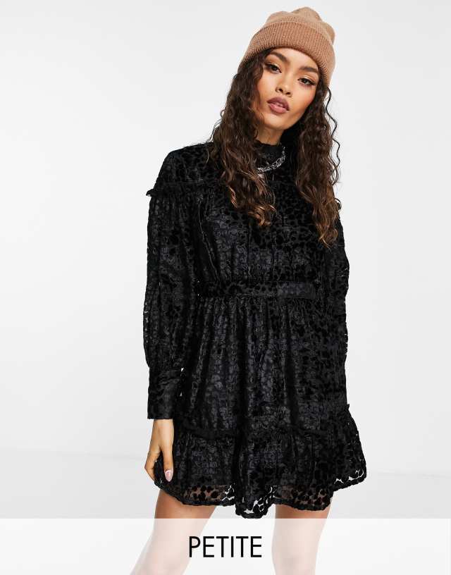 Topshop Petite tiered animal devore mini dress in black