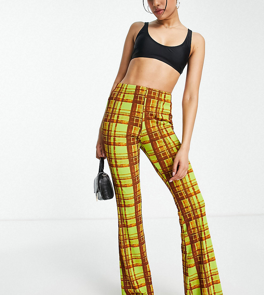 Topshop Petite tissue mesh flared pants in green grunge check