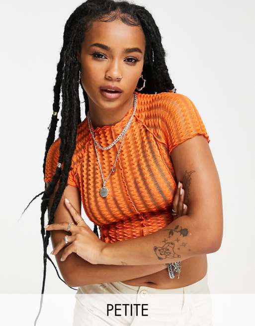 Topshop Petite - Top a maniche corte in rete testurizzata arancione
