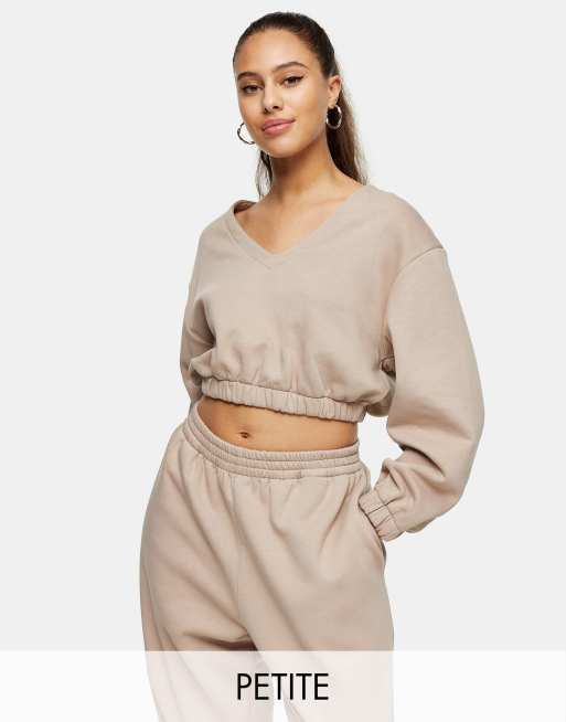 Topshop Petite V-neck cropped sweatshirt in mink