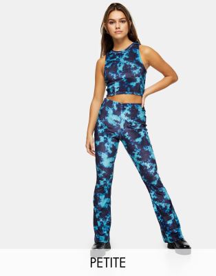 Topshop Petite velvet flared tie dye pants co-ord in blue