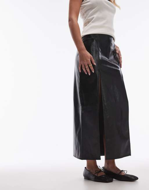 Topshop Petite vinyl double split midi skirt in black