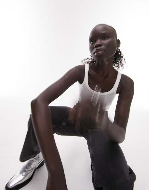 Topshop Petite – Vitt ribbat linne - view 1