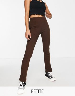 Topshop Petite waffle zip front split flared trousers in chocolate