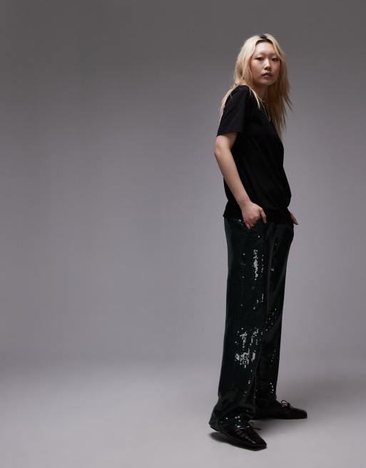 Topshop Petite – Zielone eleganckie spodnie cekinowe, część zestawu