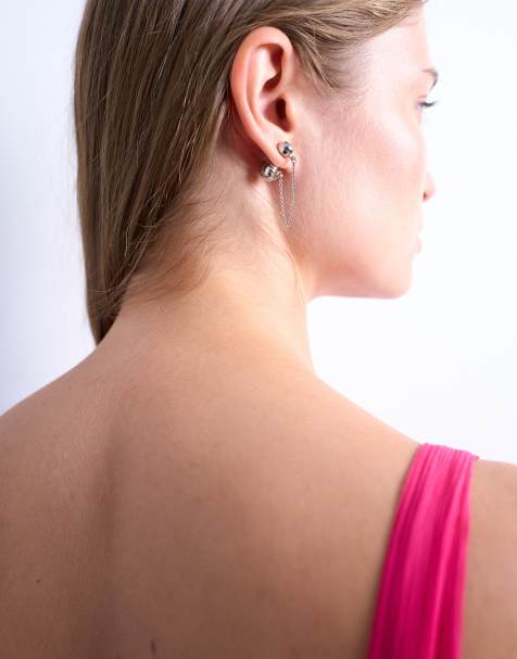 Topshop Petra silver plated stud earing with chain in silver - view 1