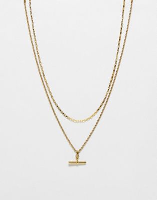 Topshop Petra waterproof stainless steel T-bar 2 pack necklace set in gold