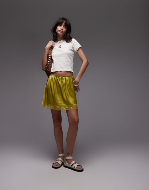 Topshop – Petticoat aus Satin in Limettengrün mit Spitzenbesatz - view 1
