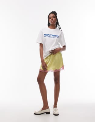 Topshop - Petticoat-Minirock aus Satin in Limette mit Spitze in Blassrosa-Grün