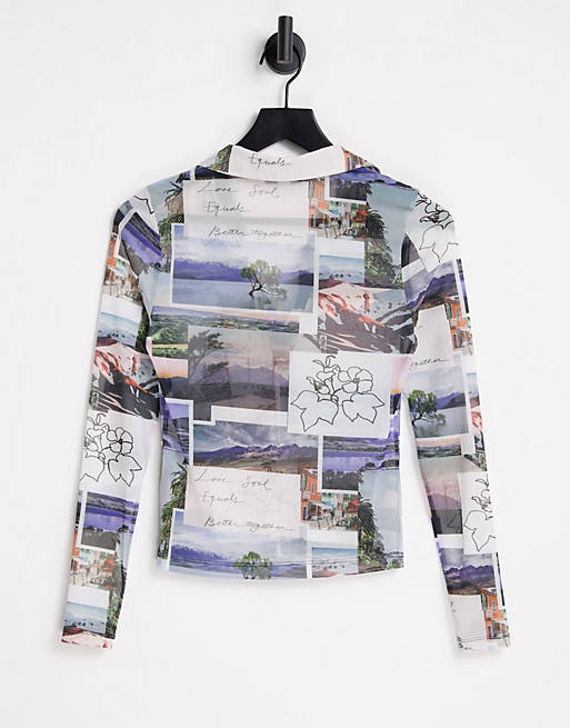 Tops Topshop photographic print mesh polo top in multi 