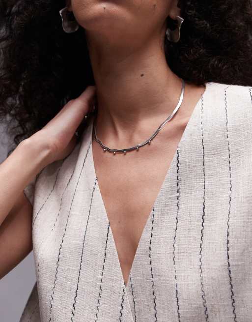Topshop - Pia - Collana a catenina snake con perline in acciaio inossidabile resistente all'acqua color argento