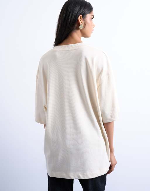 Topshop – Piaskowy T-shirt oversize z obniżoną linią ramion, 3 z 4