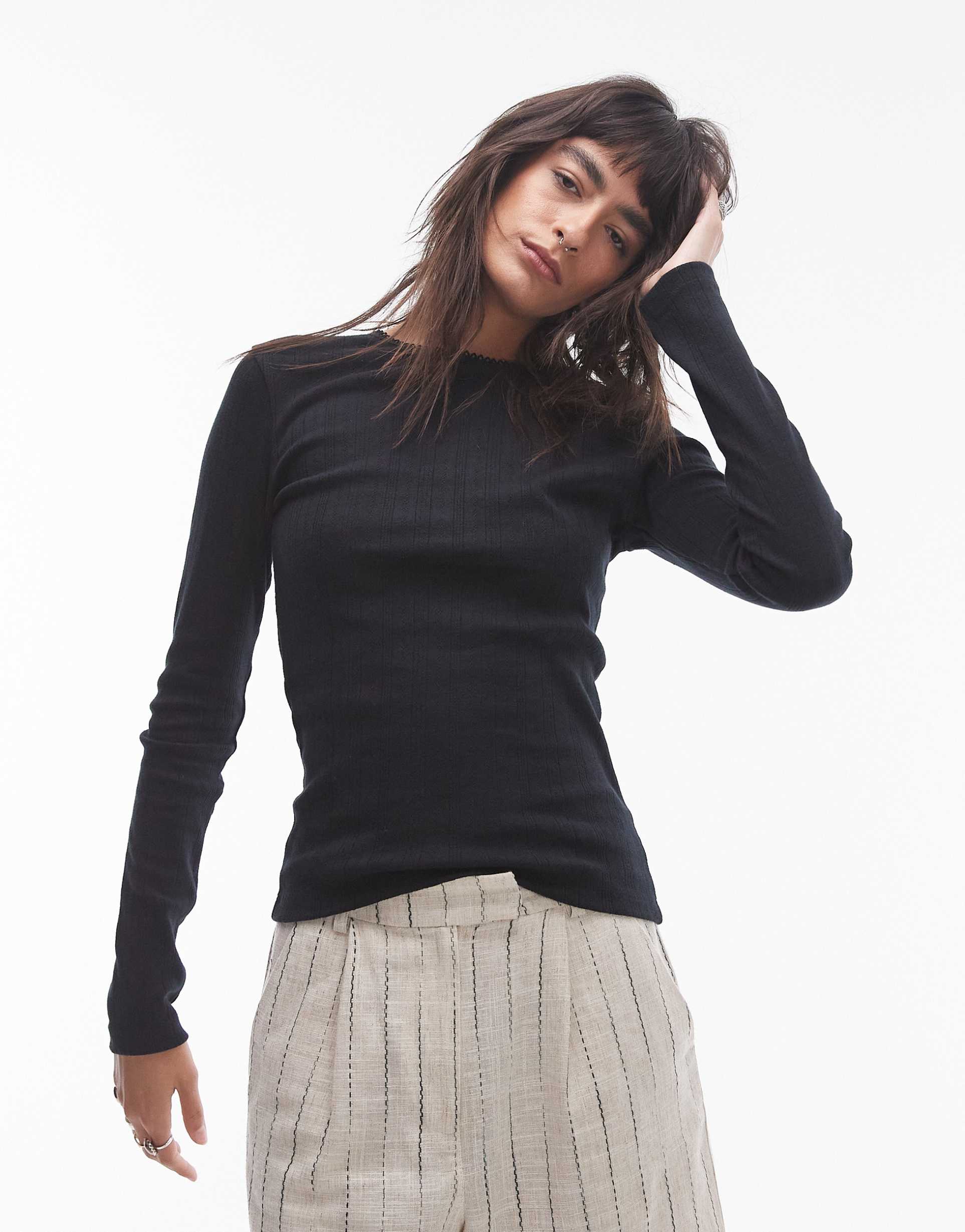 topshop picot trim pointelle long sleeve top in black