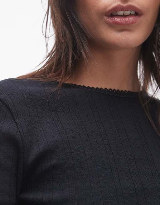 Topshop picot trim pointelle  long sleeve top in black, 3 of 4