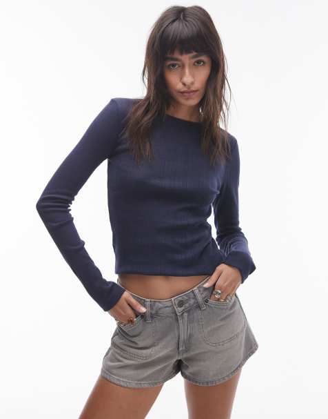 Topshop picot trim pointelle long sleeve top in navy - view 1