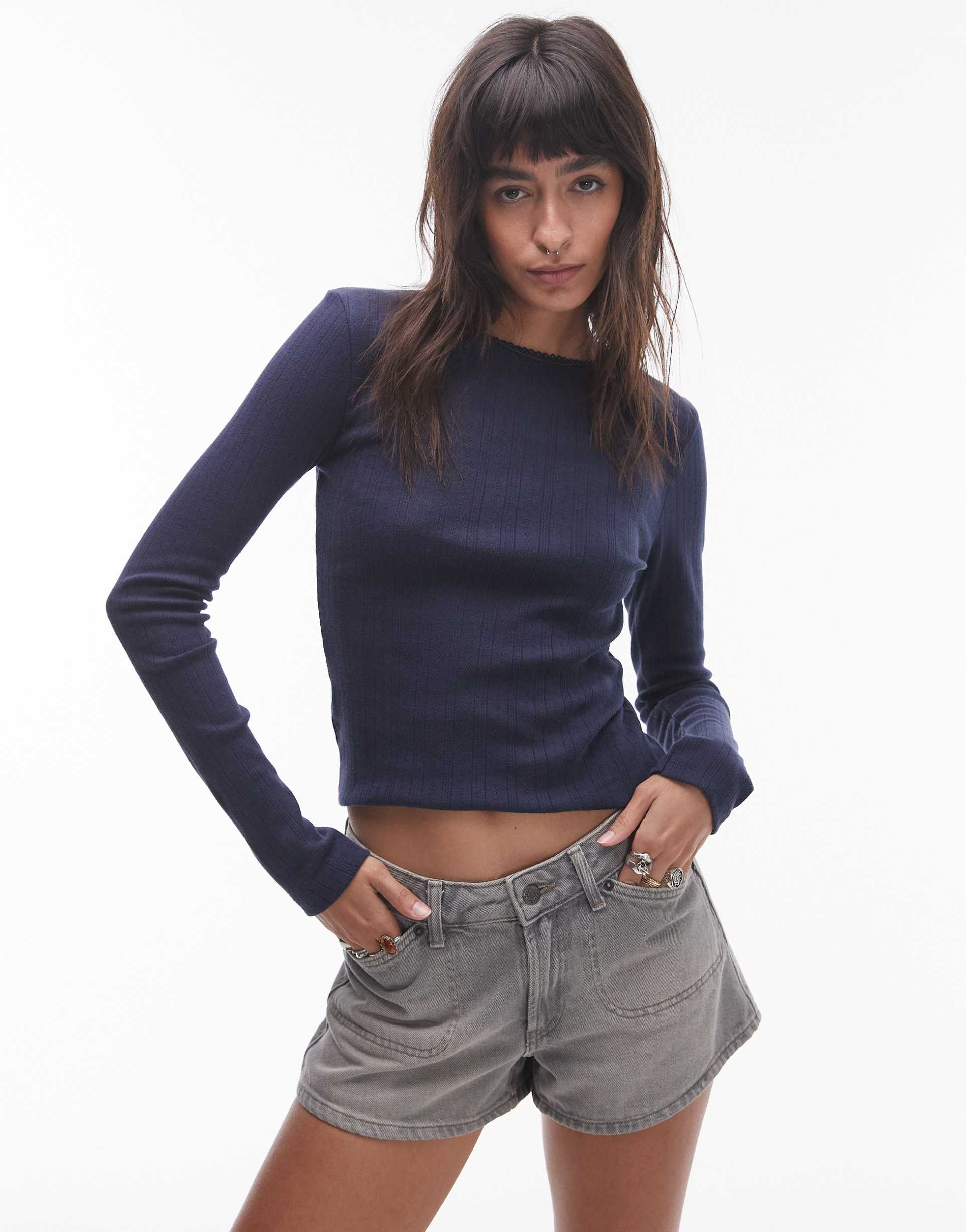 topshop picot trim pointelle long sleeve top in navy