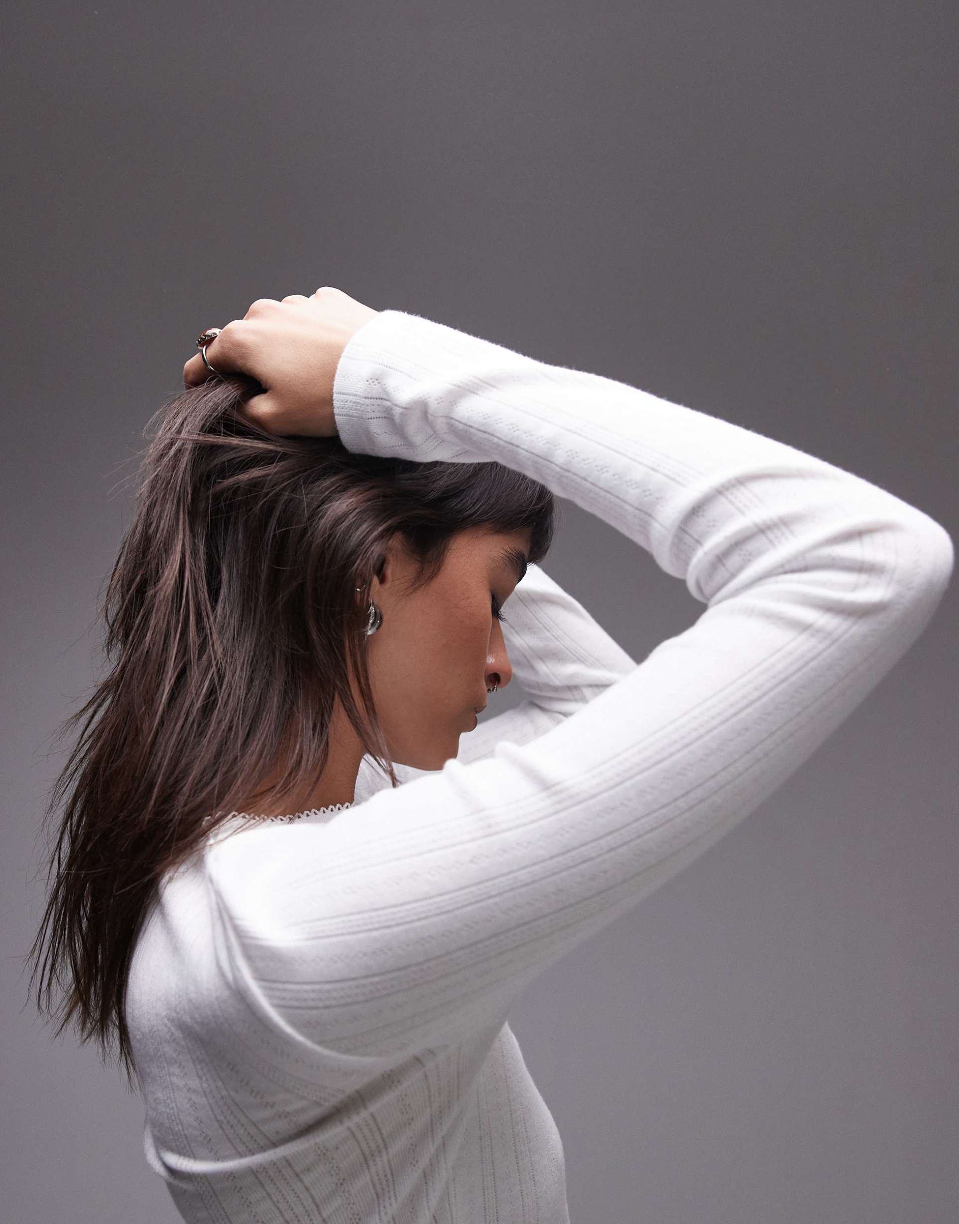topshop picot trim pointelle long sleeve top in white