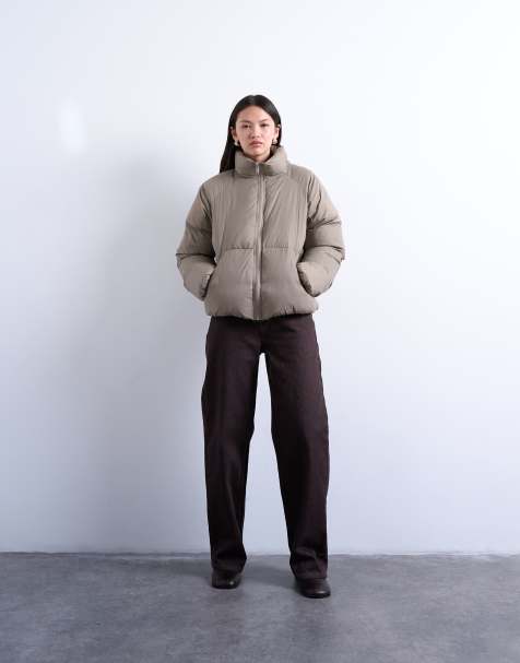 Topshop funnel neck puffer bomber jacket in mushroom