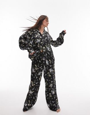 Topshop floral print satin piped shirt and trouser pyjama set in black - ASOS Price Checker